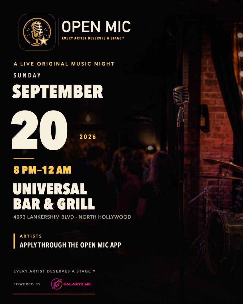 Open Mic Powered by Galaxyz, September 20, 2026, 8 PM–midnight at Universal Bar & Grill